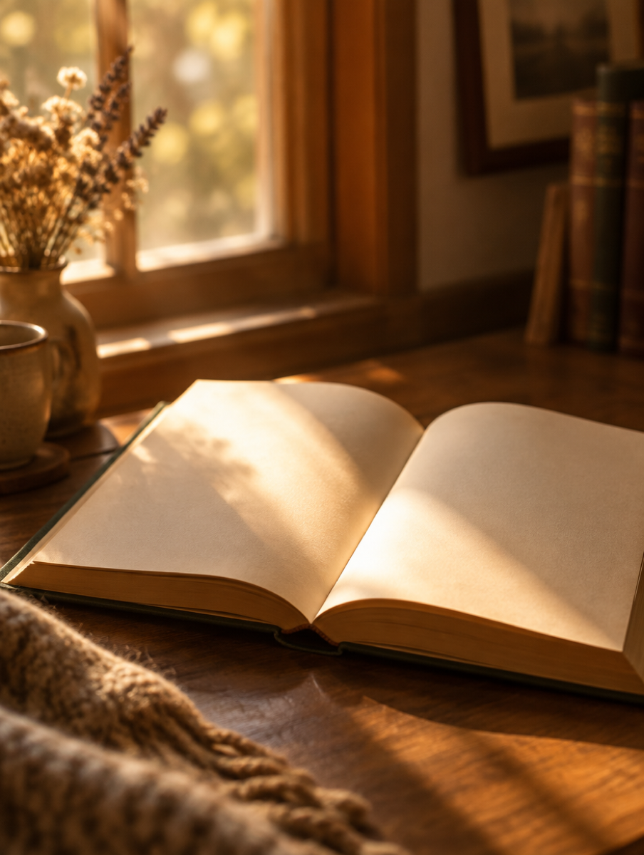 An open book in warm window light
