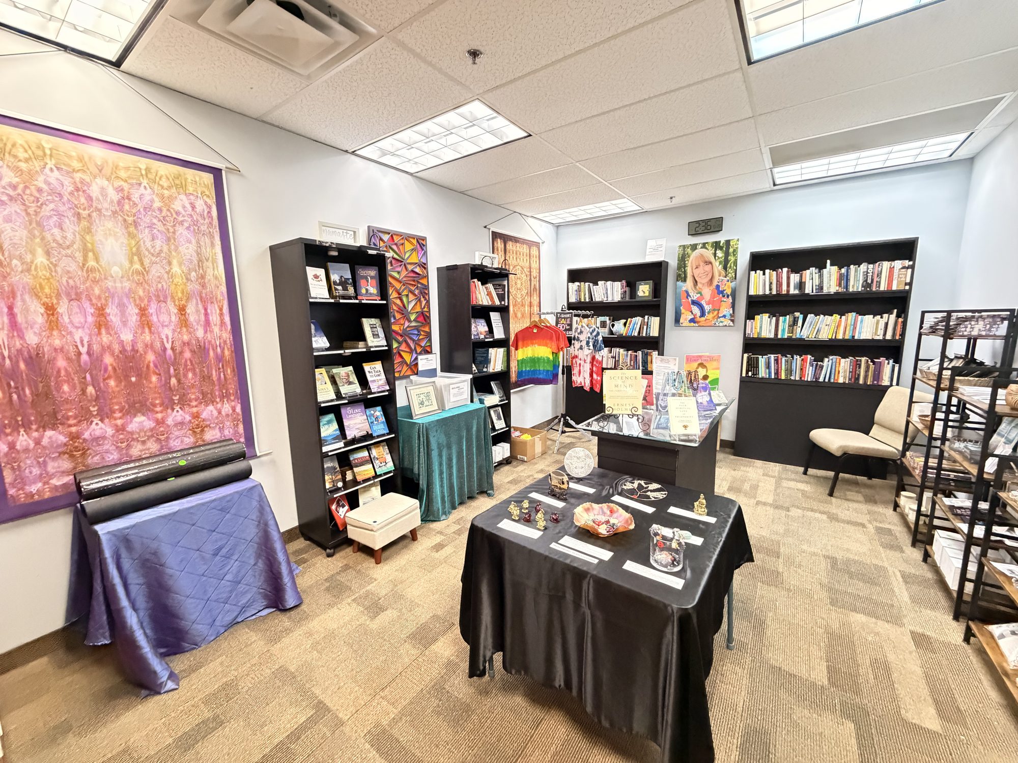 The CSL bookstore with bookshelves, gift tables and art
